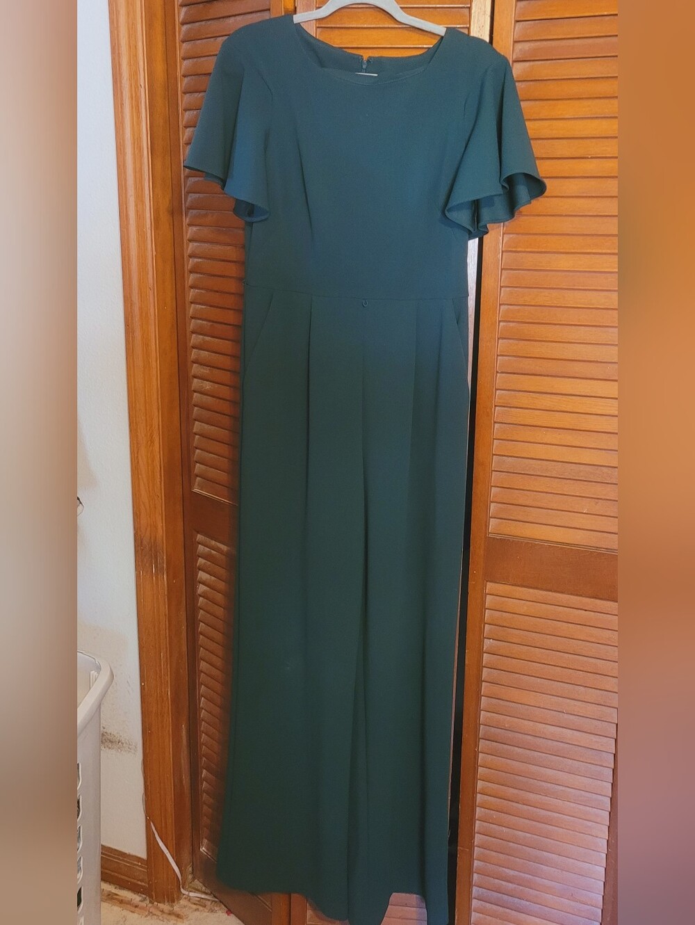 Calvin Klein Dark Green Flutter Sleeve Wide Leg Jumpsuit | Elegant Formal Career
